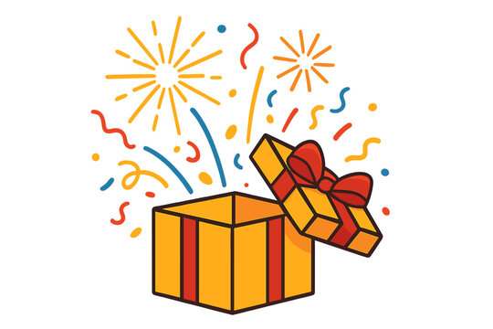 Prize box with fireworks and confetti bursting out, giveaway and enter to win celebration concept, festive promotion vector illustration for marketing and social media campaigns