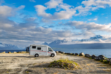 Family vacation travel RV, holiday trip in motorhome, Caravan car Vacation. Beautiful Nature Norway.