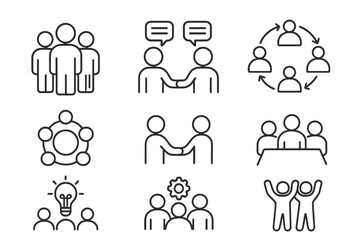 Vector thin line icon set of teamwork and people interacting, communicating, shaking hands, collaboration, group meeting, idea sharing, working together for business, companies, nonprofits