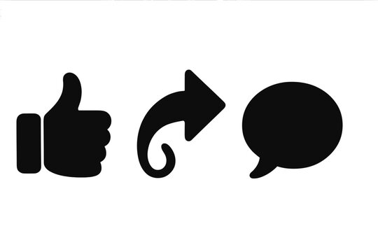 Social media icons set with thumbs up like, share arrow symbol, and comment bubble in black silhouette style, vector cartoon illustration for digital communication and social networking design