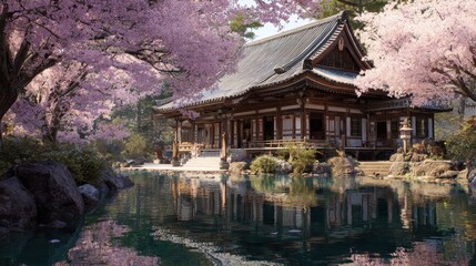 Fototapeta premium Japanese Temple Surrounded by Pink Sakura Trees and Reflected in a Tranquil Pond