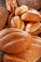 Fresh baked bread. Assorted bakery products loafs of bread and rolls...
