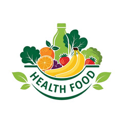 Stylized logo with fruits vegetables and bottle for health food isolated on a transparent background