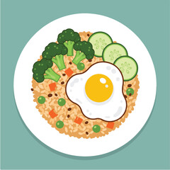 Overhead view of a plate of fried rice with a fried egg, broccoli, and cucumber slices.