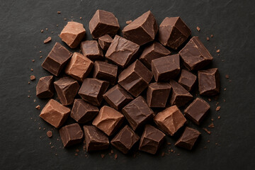 Assorted dark and milk chocolate chunks on black slate — top view