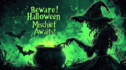 Fototapeta premium Haunted Green Night Halloween Artwork with Sinister Witch Brewing Magic Potion in Cauldron, Surrounded by Bats and Dark Forest – Chilling Spooky Illustration for Posters, Invitations, and Horror Party