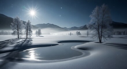 A serene winter landscape, featuring frost-covered trees, snow-covered ground, and a placid frozen pond reflecting a brilliant sun.