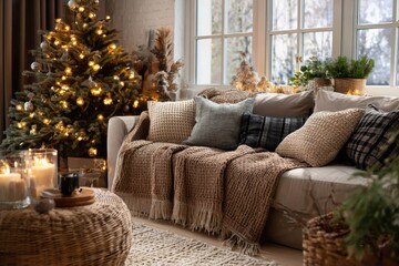 cozy Christmas living room with mocha mousse toned blanket on sofa, small decorated tree with warm lights, homely festive vibe