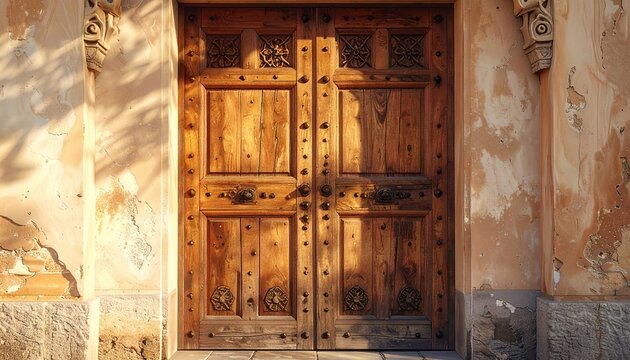Ornate Wooden Double Door with Rustic Texture and Weathered Stone Wall in Warm Sunlight Detailed Architectural Photography