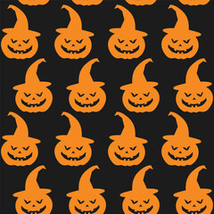 Seamless pattern featuring smiling jack-o-lanterns and witch hats on orange background for festive decorations