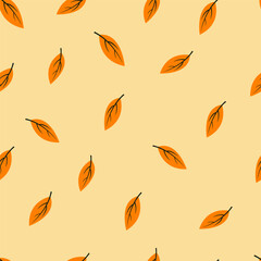 Seamless background with autumn leaves. Falling orange leaves on a yellow background. Vector illustration