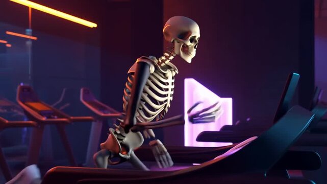 Sporty skeleton running on treadmill with focused look, cinematic side view. Concept of halloween parody and active lifestyle
