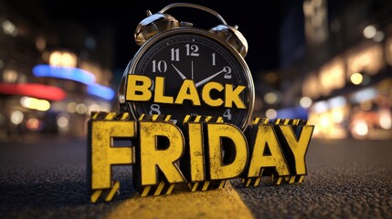 Vibrant Black Friday Advertisement with Alarm Clock on Street