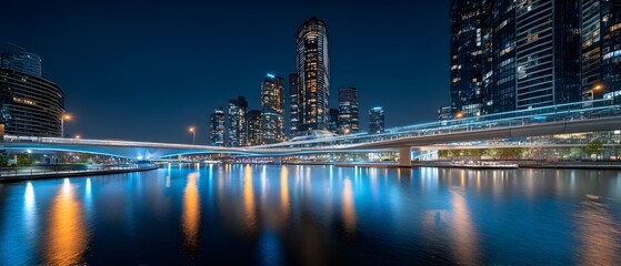 City skyline reflecting on calm water at night with illuminated buildings highlighting urban life