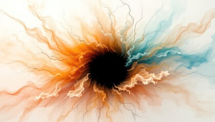 Abstract vortex design featuring wispy blue and orange elements emanating from a central black void