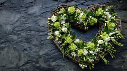 White and green floral arrangement in shape of a heart, woven wreaths made from twigs, arranged for a funeral ceremony, dark marble tombstone, all souls’ Day, all saints’ day theme. Cemetery decoratio