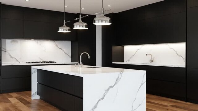 Modern kitchen with black cabinets and white marble island