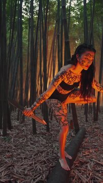 Vertical screen, female warrior balancing on bamboo log, wielding daggers amid mystical forest sunset, glowing tribal tattoos creating surreal atmosphere