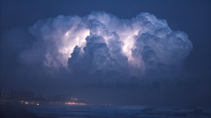 Dramatic stormy night seascape with jagged lightning illuminating the turbulent ocean waves and dark sky.