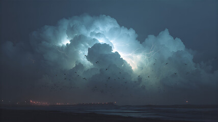 Dramatic stormy night seascape with jagged lightning illuminating the turbulent ocean waves and dark sky.