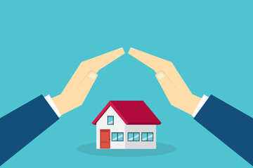 House with a protective hands. For security concepts, protection of private property. Insurance, mortgage, credit.