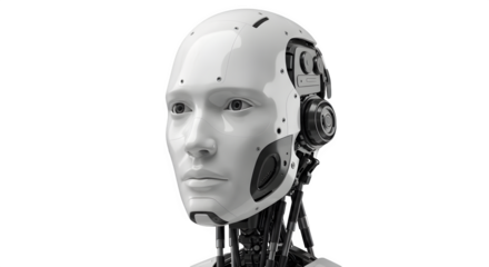 Smooth white robot head has realistic textures, offering futuristic feel for product, video or social media projects.