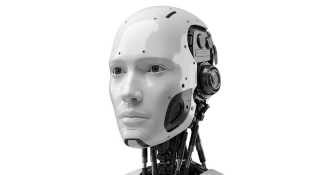 Smooth white robot head has realistic textures, offering futuristic feel for product, video or social media projects.