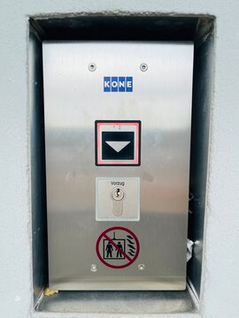 Germany, Paderborn, September 21. 2025, Control panel for an elevator manufactured by the Finnish company Kone, the world's leading manufacturer of elevators and escalators.