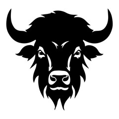 Illustration of a black buffalo head with curved horns and detailed facial features on a white background