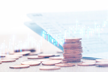 Pile of coins with bank passbook and glowing financial graph, concept of savings, investment, finance, banking, and money growth.