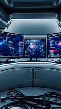 Vertical screen, futuristic control room revealing world map on monitors with unplugged cables suggesting surveillance system malfunction or potential digital security breach