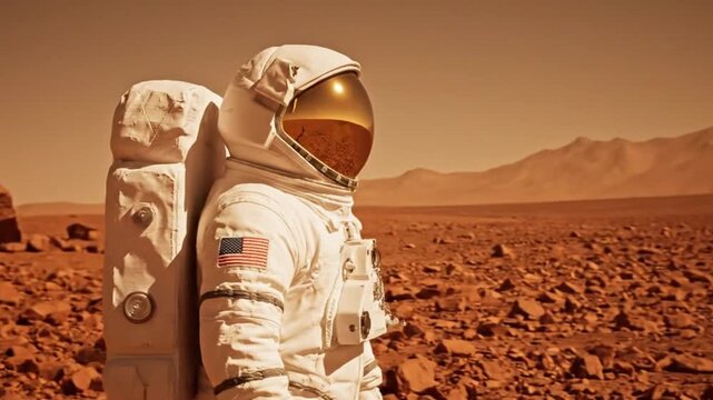 Astronaut in a white space suit with a golden visor exploring the rocky, desolate, red landscape of Mars under a dusty orange sky, depicting space exploration and future colonization.