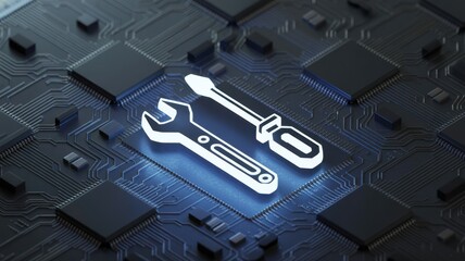 Cyber Repair Tools: A detailed image depicts a close-up view of a computer circuit board, overlaid with a glowing icon of repair tools