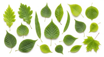 Assorted fresh green leaves in a variety of shapes and sizes isolated on white background. Concept for botanical studies, natural beauty products and spring season decoration