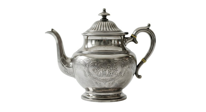 Silver ornate teapot reflects light, showcasing engraved details. Suitable for antique decor, product display, or luxury branding.