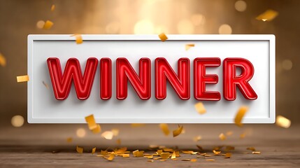 glowing red "Winner" text with confetti on a shining golden background.
