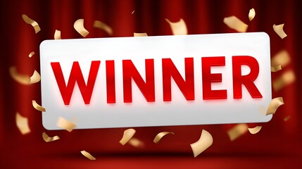 Bold red "Winner" text with confetti against a red curtain background