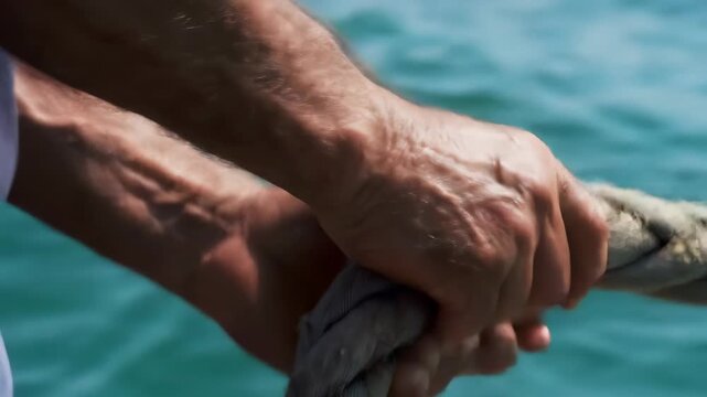 Weathered hands of an elderly man firmly gripping a thick nautical rope over the vibrant blue ocean, displaying strength and hard work.