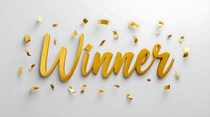 golden "Winner" text with flying confetti on a white background