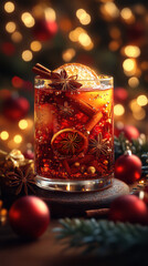 Tall glass of spiced mulled wine filled with orange, berries and star anise; cinnamon sticks lean on the rim, amber drink glows against defocused lights and evergreen decor, evoking cozy winter evenin