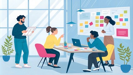 Team brainstorming in meetng room with color palette