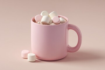 3D hot chocolate mug in pastel ceramic with marshmallows, soft minimal background