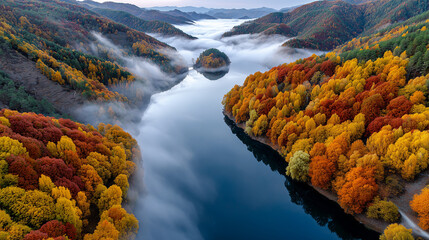 A breathtaking river winds through a valley of vibrant autumn forests, surrounded by hills blanketed in fiery shades of red, orange, and gold. Mist drifts softly across the water and clings to the slo