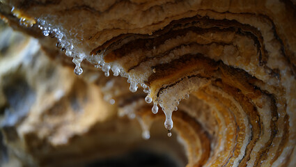 Obraz premium Water droplets cling to the textured, layered rock formations within a dimly lit cave, showcasing natural beauty