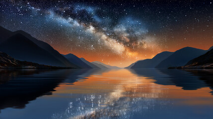 A mystical river flows quietly between dark mountain silhouettes under a breathtaking starry night sky. The glowing Milky Way stretches across the heavens, reflecting brilliantly on the calm water, wh