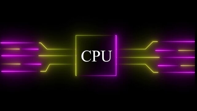 Glowing neon Multicolor CPU circuit board background. Computer motherboard with cpu icon , Processor with artificial intelligence AI. CPU text and circuit lines icon animation ....4k