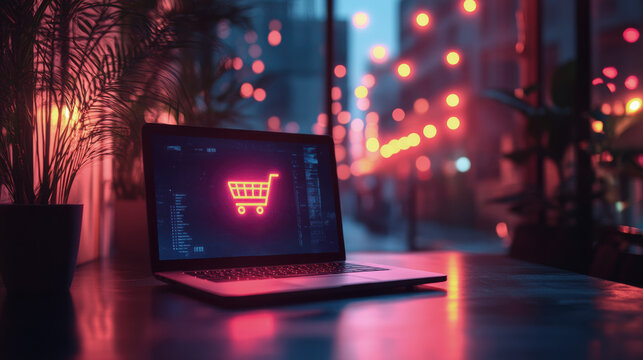 Laptop on table shows glowing neon shopping cart icon, futuristic cyber monday deals atmosphere, colorful reflections and city lights create digital shopping concept