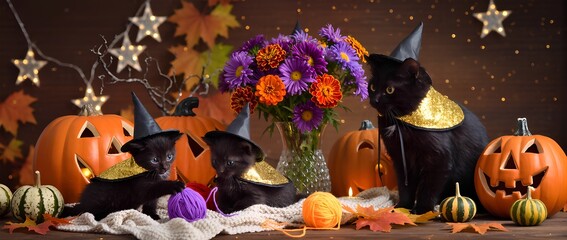 Fototapeta premium Black cats in witch hats with Halloween pumpkins