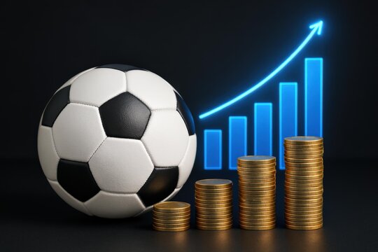 A Black and White Soccer Ball Surrounded by Stacked Gold Coins and a Growing Bar Graph Representing the Economic Rise of Football as a Sport