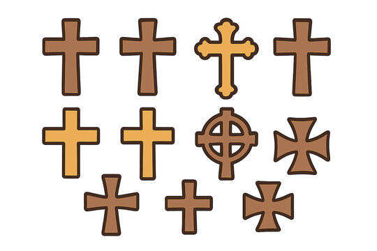 Christian crosses icon set. Religious symbol collection. Latin, Celtic, Templar cross vector. Flat cartoon illustration. Faith, spirituality, god, holy sign. Christianity concept.